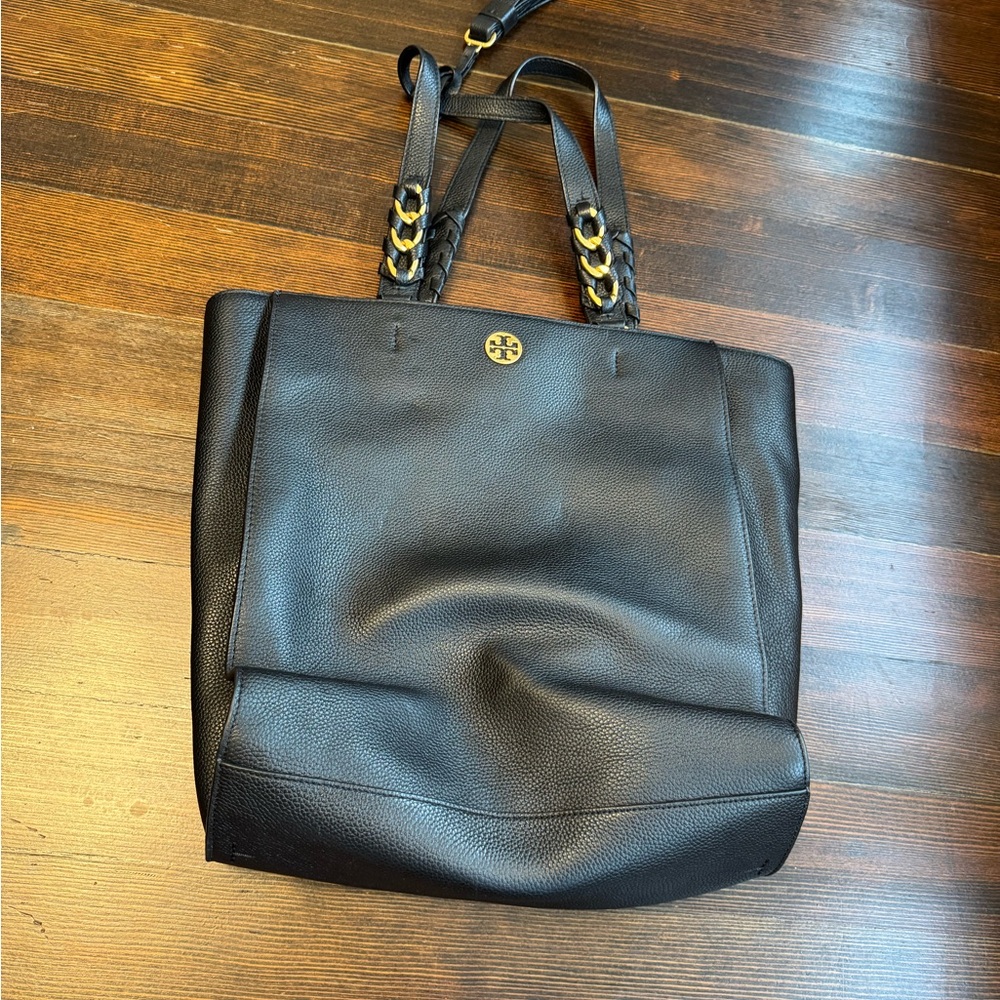 Tory Burch Black Leather Tote with Gold Accents